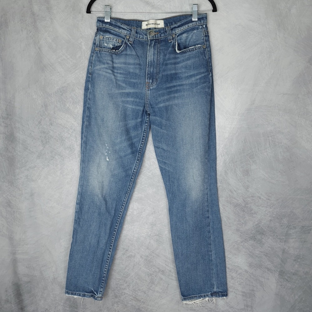 Reformation Julia Jeans Womens 27 Blue Bryce Wash High Rise Raw Hem Distressed